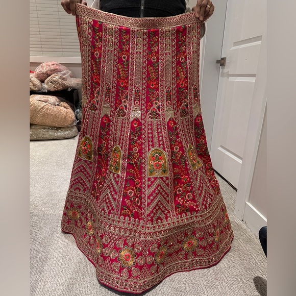 Hot pink embroidered lehnga semistitched, blouse unstitched, finished dupatta - Picture 1 of 4